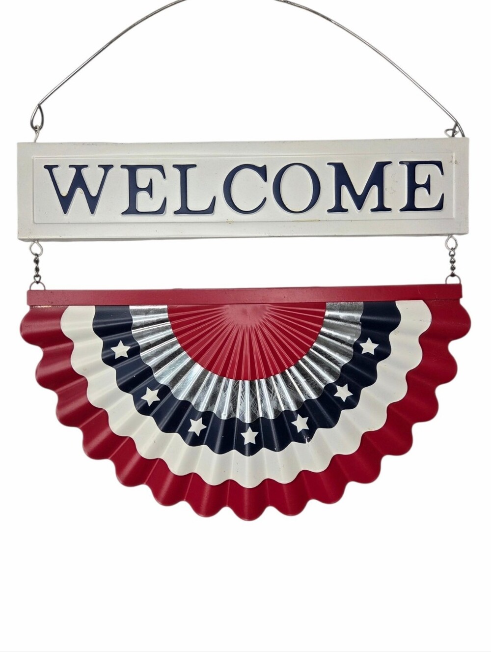 Patriotic Welcome Metal Hanging Bunting Sign Wall Decor Red White Blue